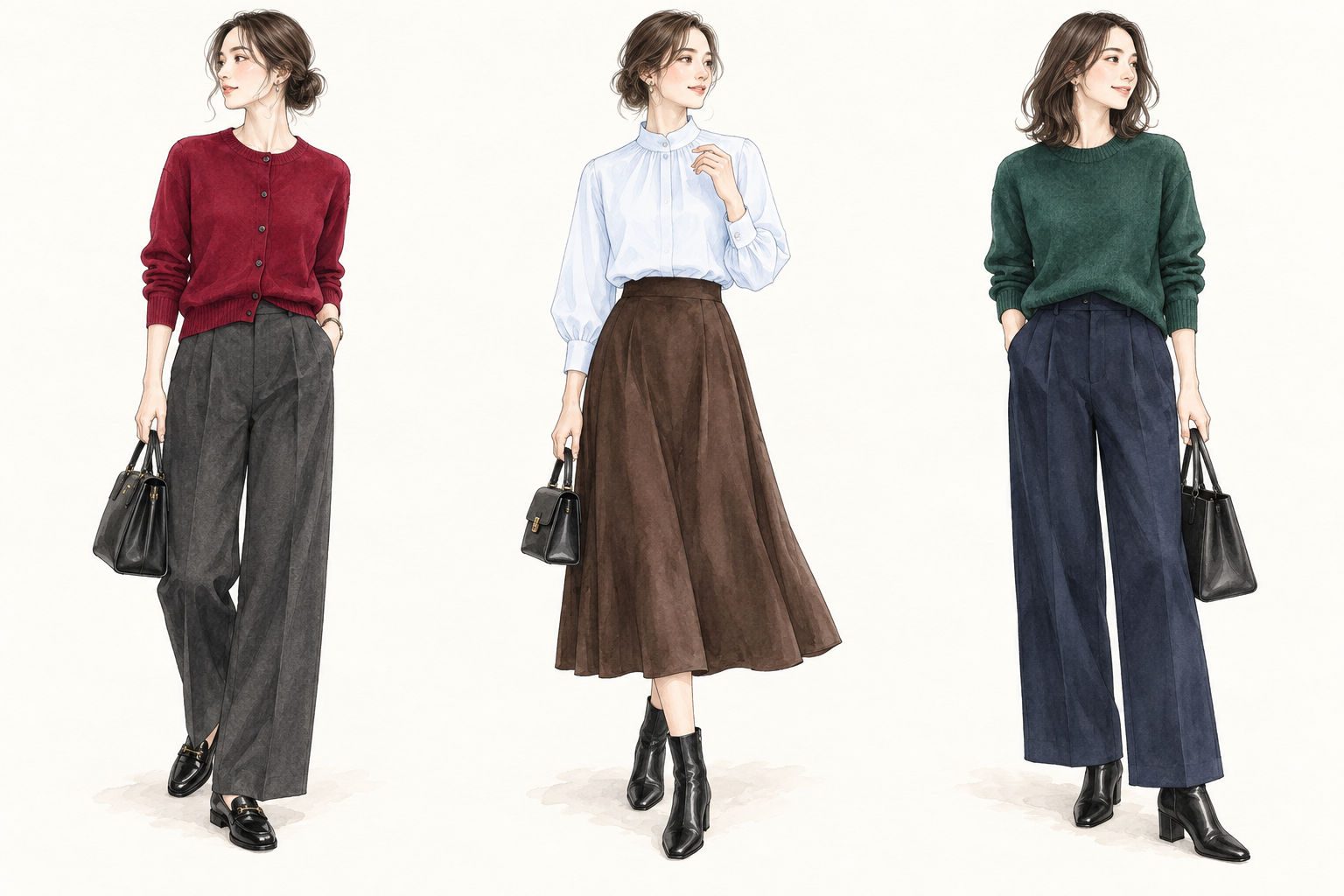 左からベリー系の赤とチャコール、アイシーブルーとブラウン、深いグリーンとネイビーを合わせた秋服3例